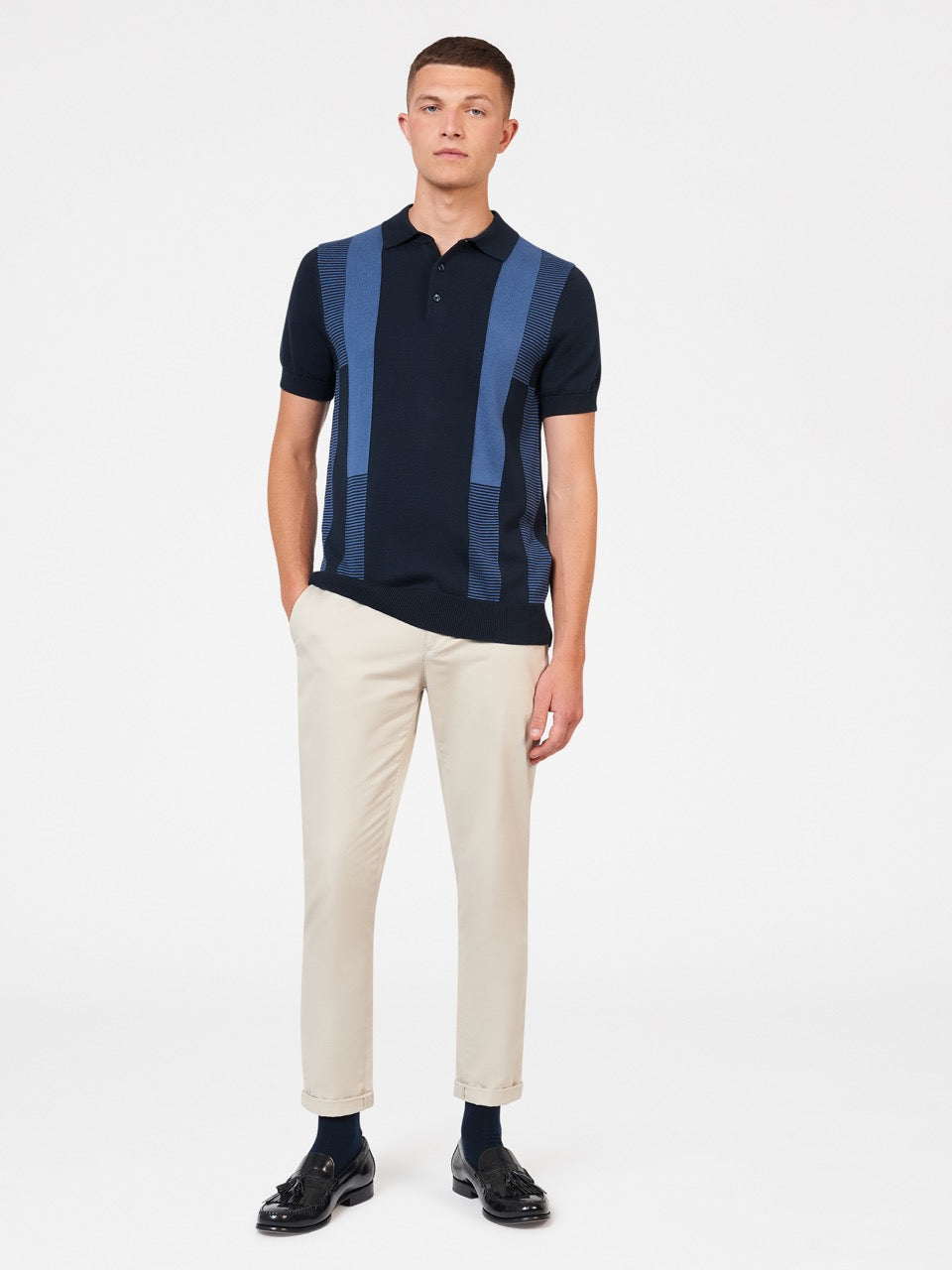 Pull à Col Polo Ben Sherman Intarsia Stripe Bleu Marine | AIC-17246388